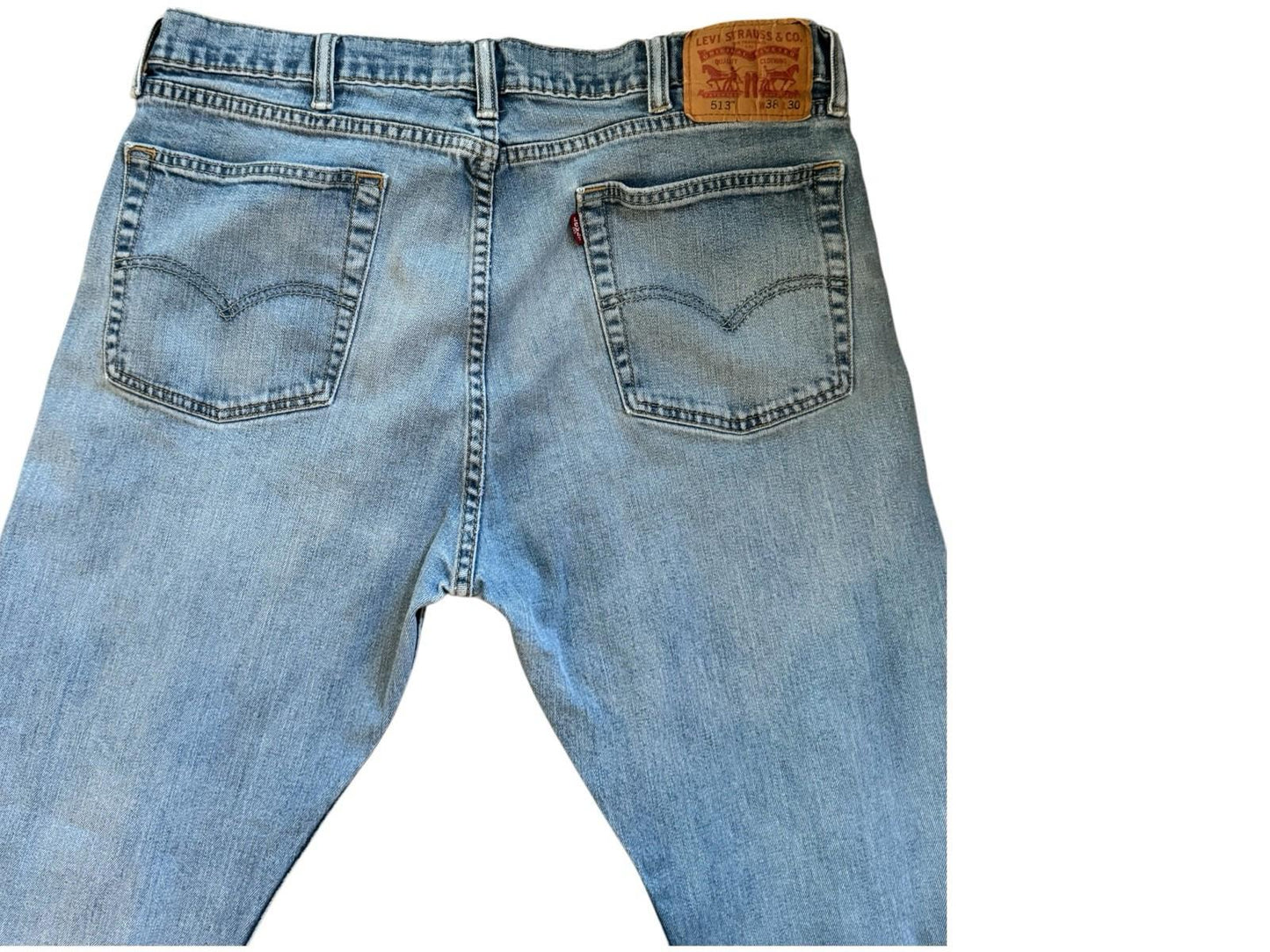 Levis 513 Blue Jeans Size 38 x 30 Denim Well Worn And Soft With Tear