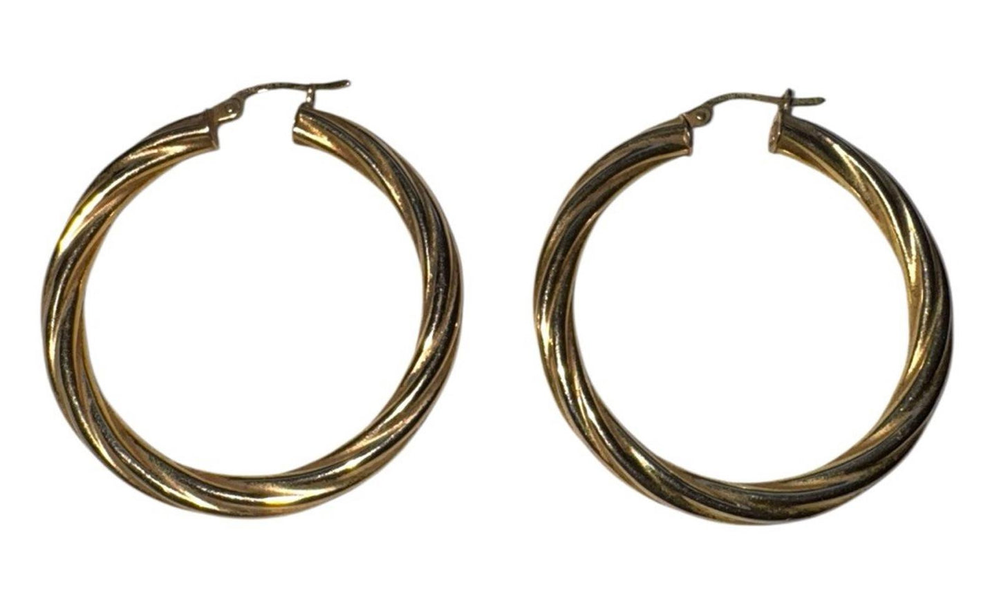 14k Gold Ornate Twist Patterned Hoop Earrings Italy 4.66g