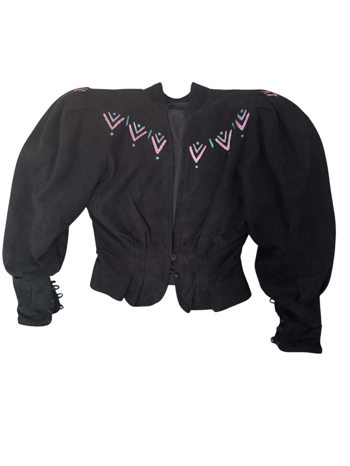Vintage SHEBUE Victorian Cut Black Suede Hand Painted Jacket Blazer