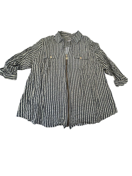 Anne Klein Blouse Black Gold Metallic Striped Zip Front Shirt 2XL