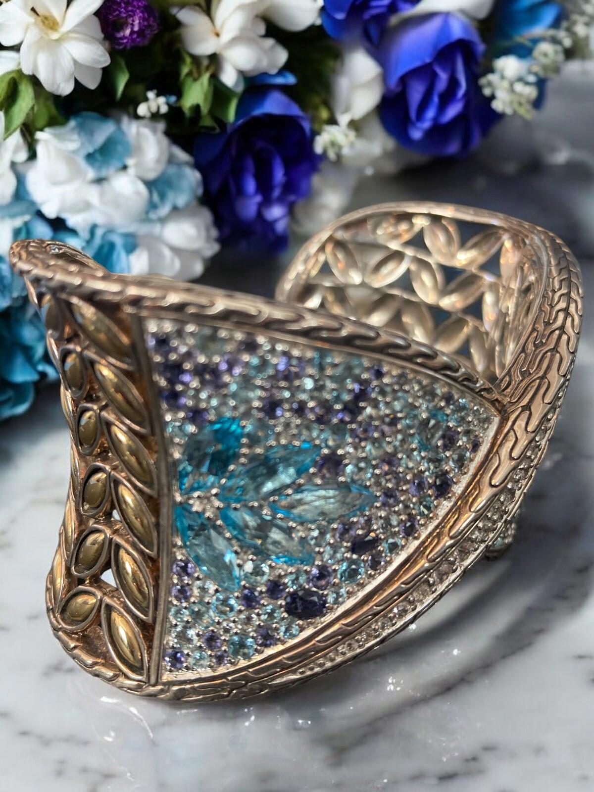 John Hardy 18K Sterling Cuff Bracelet Sapphire Topaz Iolite Aquamarine Batu
