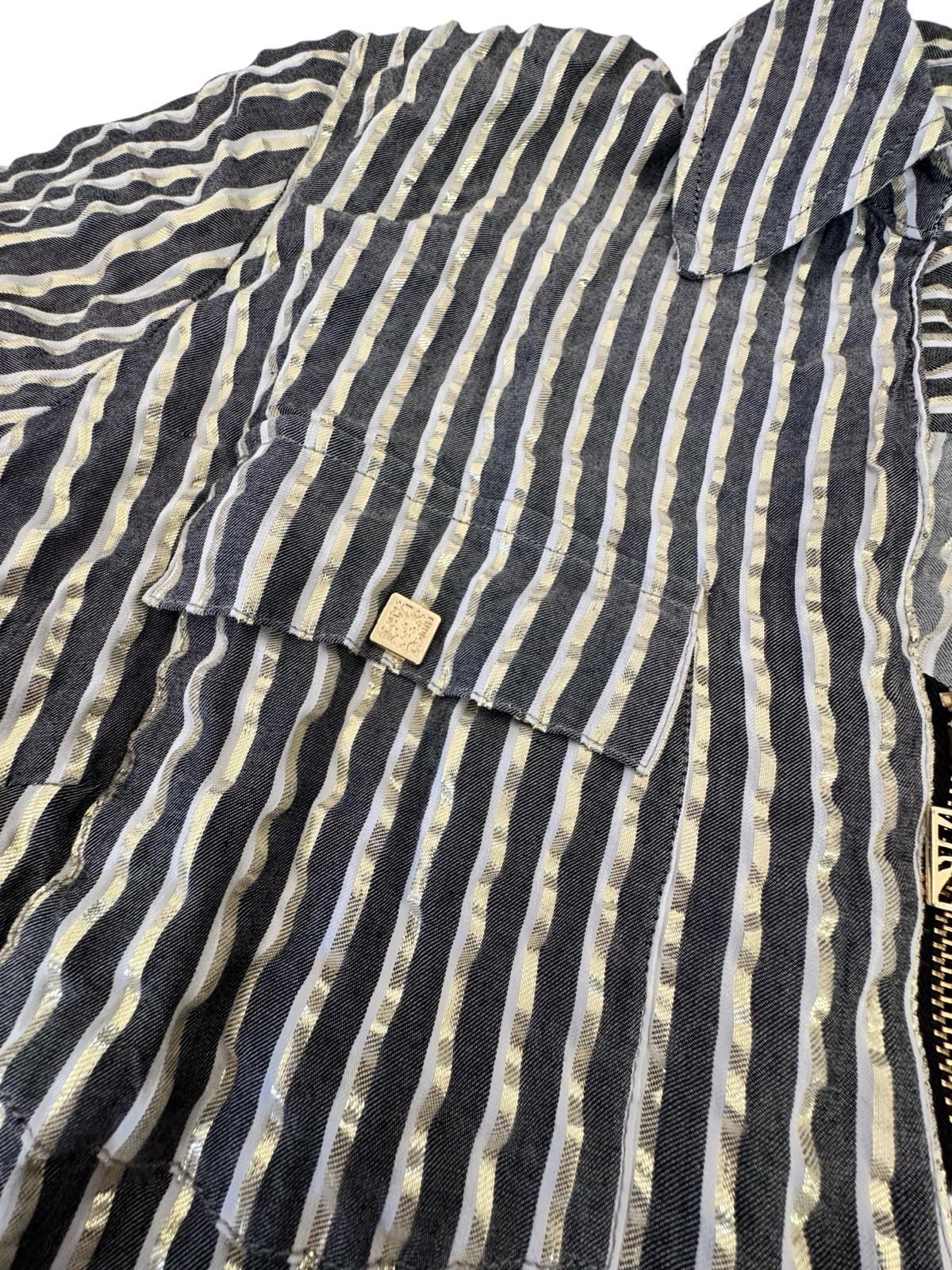 Anne Klein Blouse Black Gold Metallic Striped Zip Front Shirt 2XL
