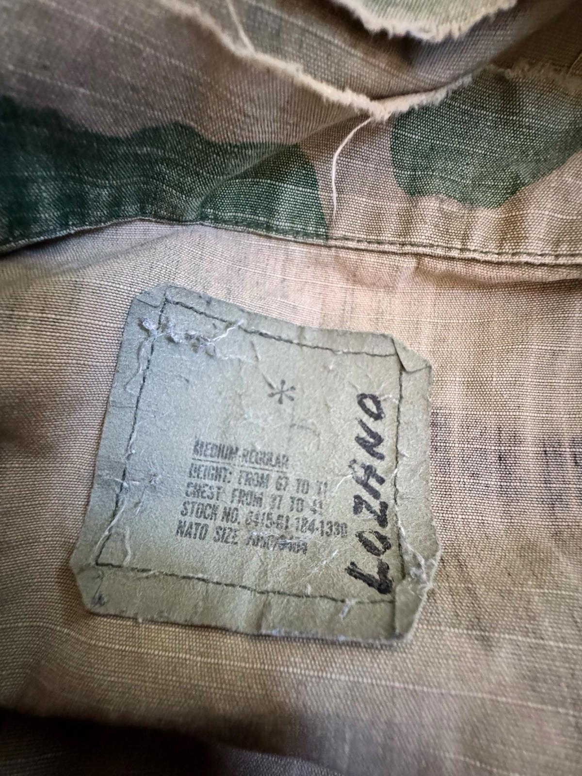 Vintage 1992-dated US Army Jungle Camouflage Fatigue Jacket Medium Named