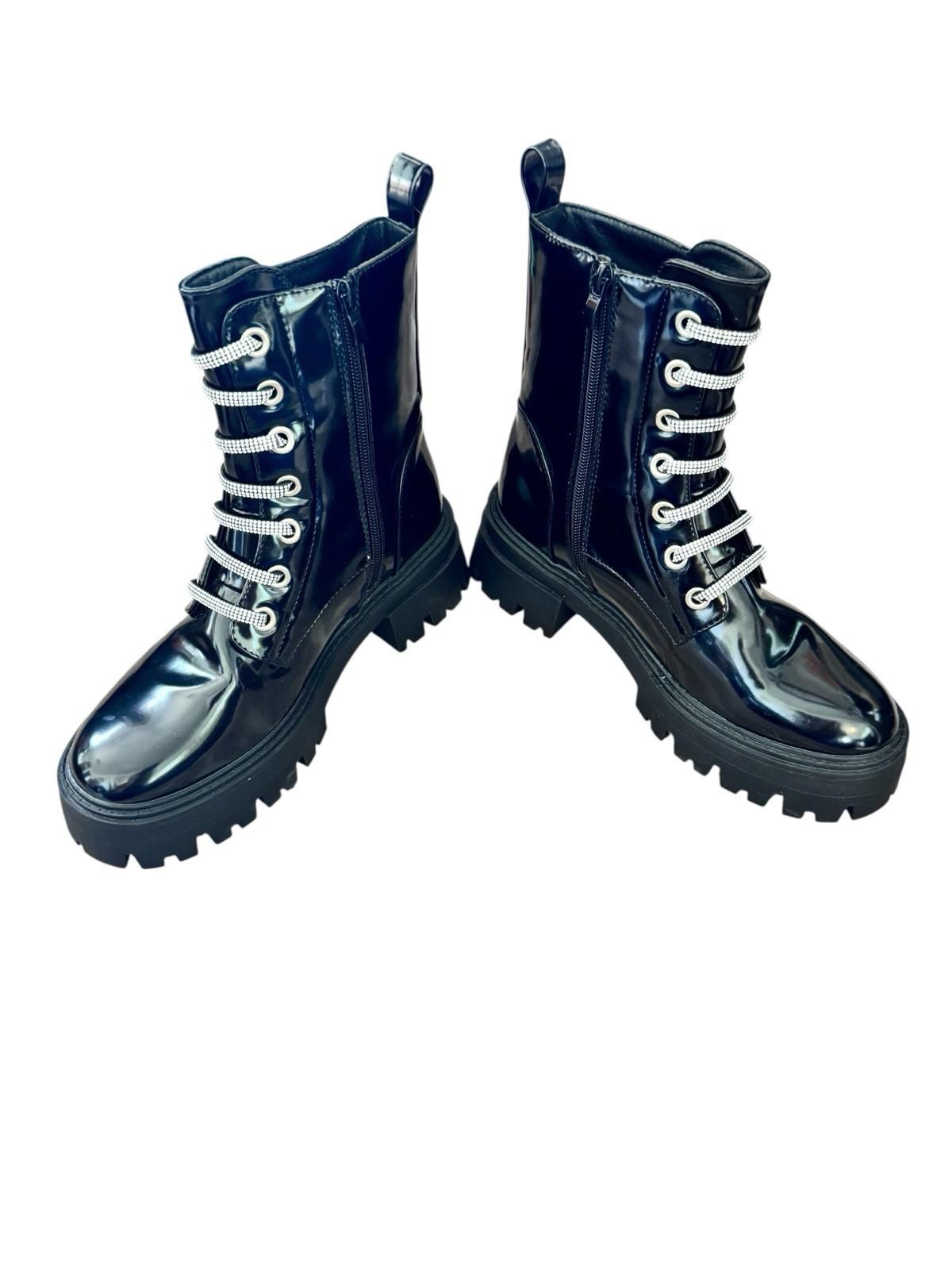 Forever 21 Black Patent Platform Combat Boots With Silver Glitter Laces Size 9