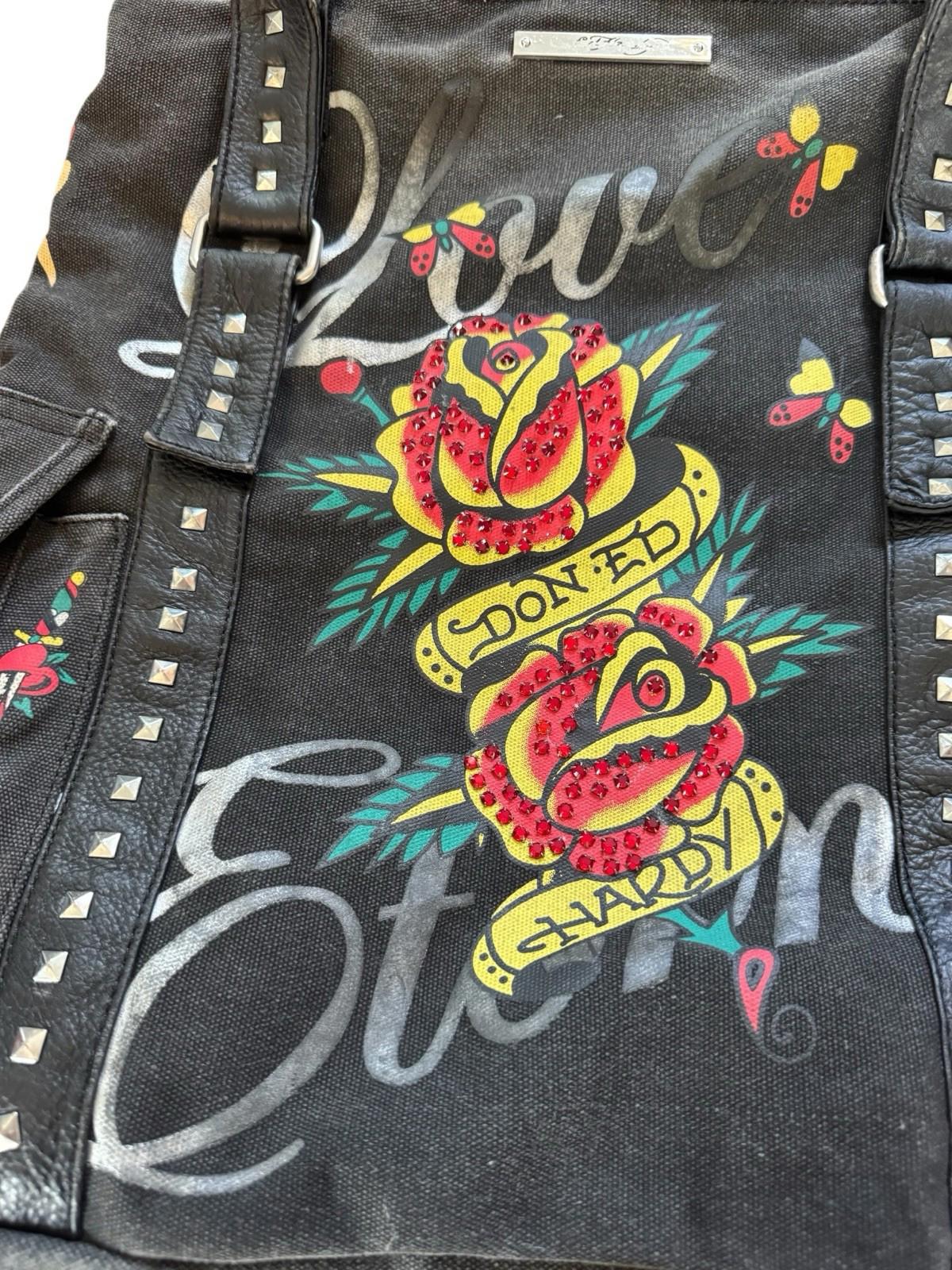 Ed Hardy Large Vintage Faux Leather Tote Bag Purse Love Eternal Tattoo Art Studs