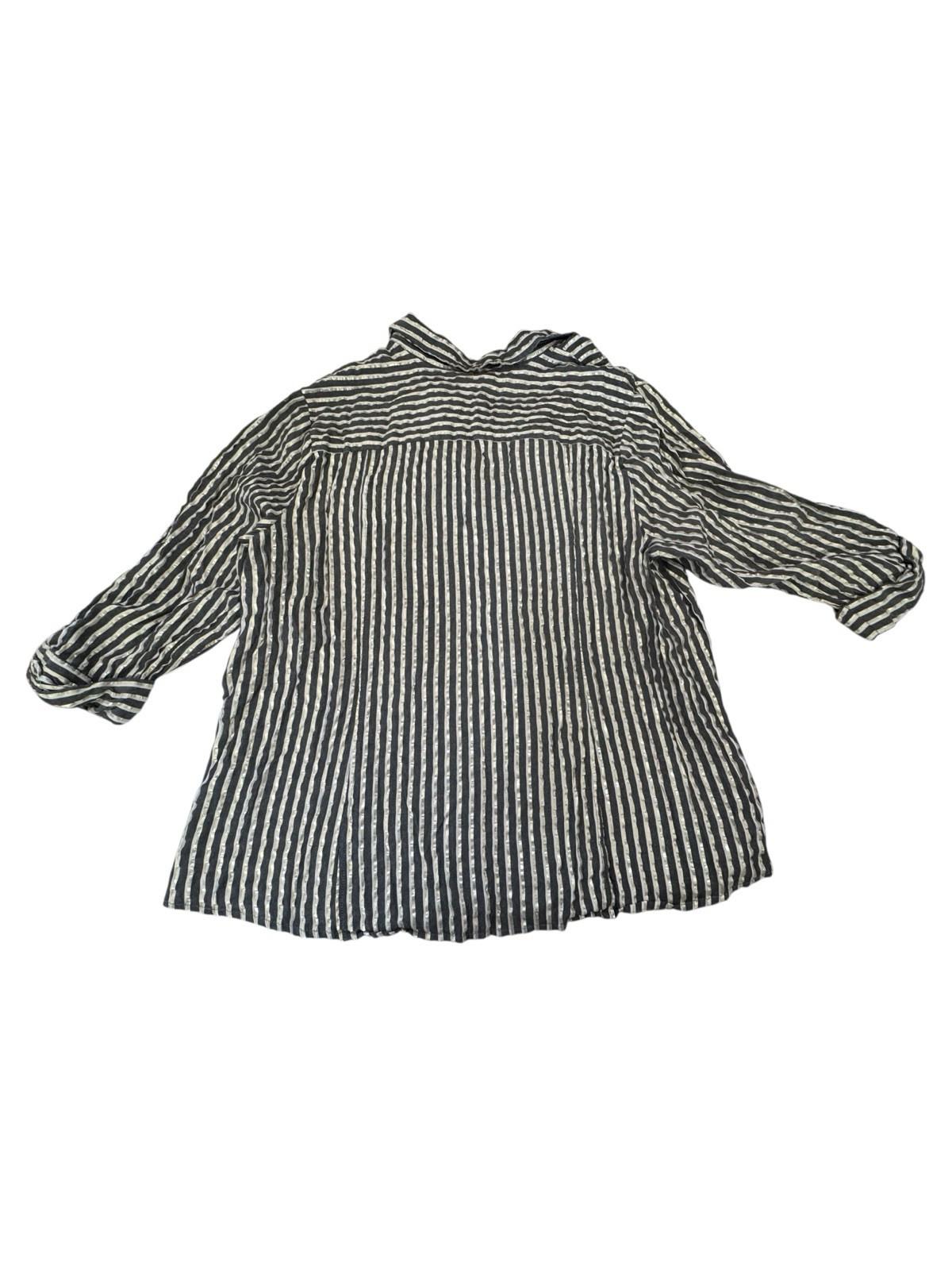 Anne Klein Blouse Black Gold Metallic Striped Zip Front Shirt 2XL