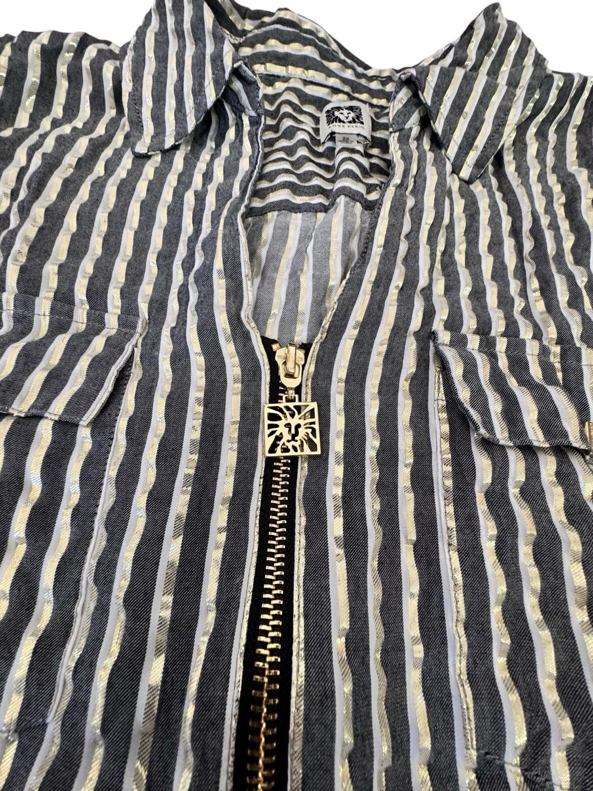 Anne Klein Blouse Black Gold Metallic Striped Zip Front Shirt 2XL