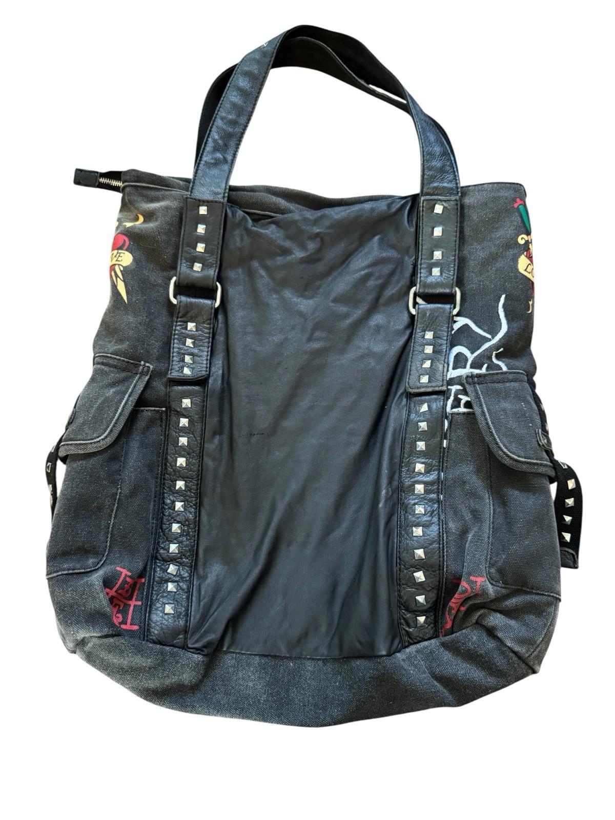 Ed Hardy Large Vintage Faux Leather Tote Bag Purse Love Eternal Tattoo Art Studs