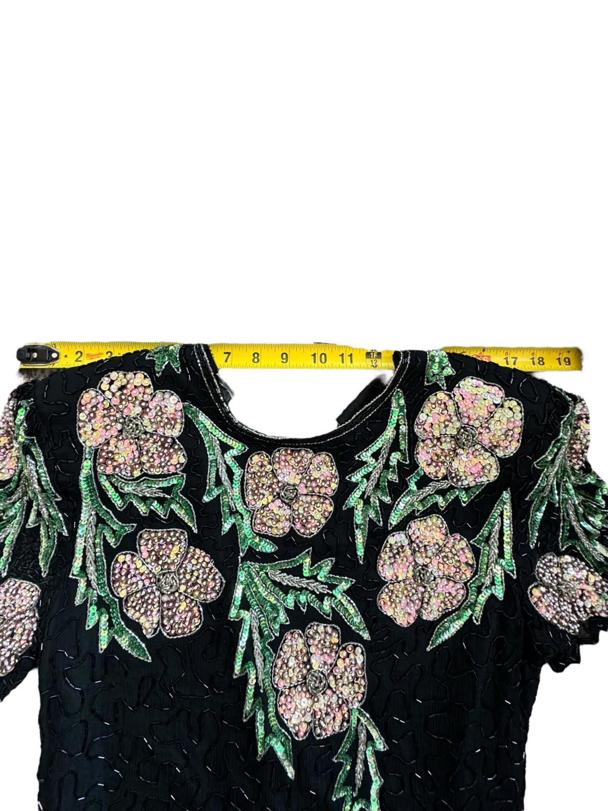 Vintage Lawrence Kazar Pink Floral Beaded Sequin Black Silk Formal Drag Dress M