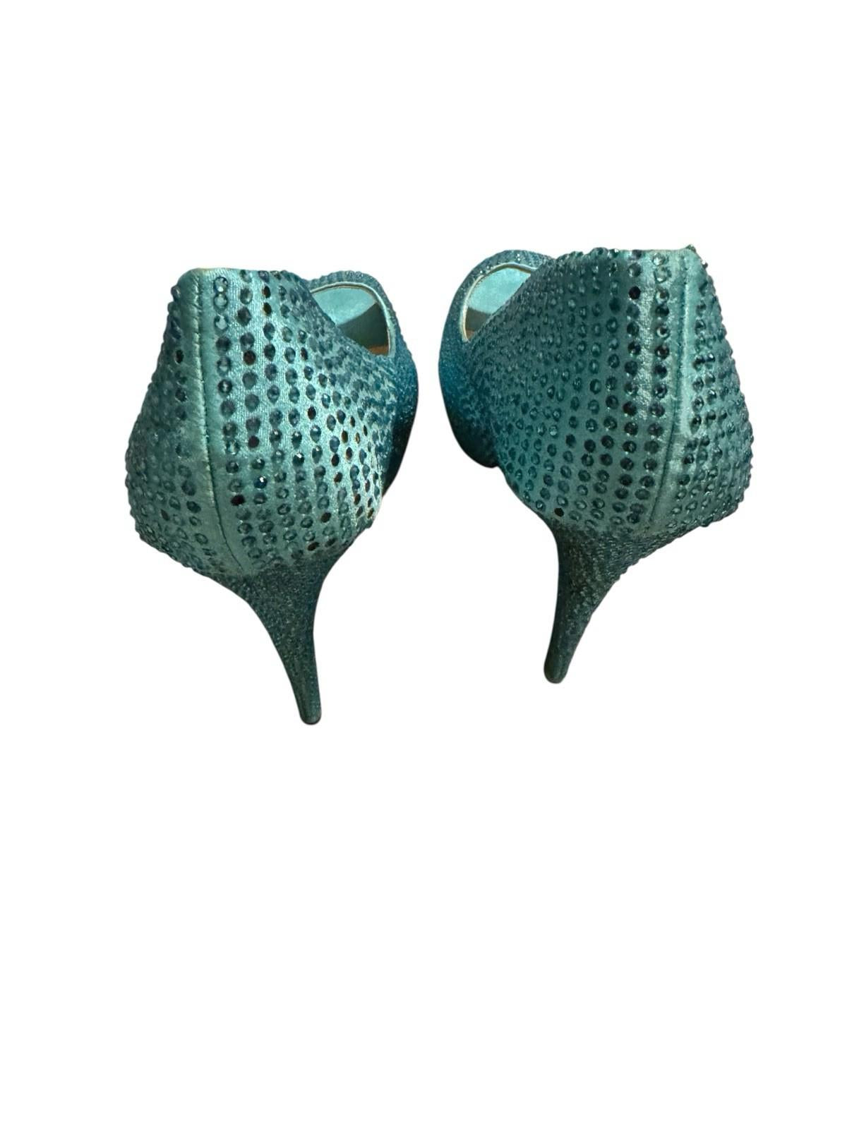 Leg Avenue Teal Glamour Stiletto Heel Satin Rhinestone Peep Pump Drag Shoe 12