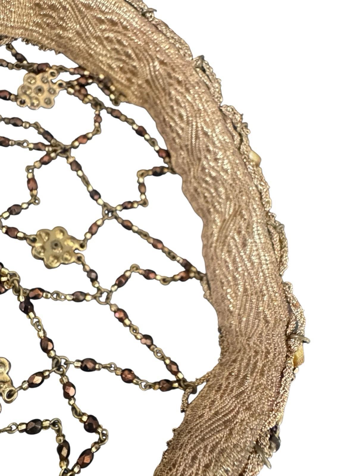 1920's Flapper Gold Headdress Beaded Rhinestone Floral Skull Cap Hat Gold Lame