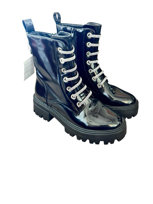 Forever 21 Black Patent Platform Combat Boots With Silver Glitter Laces Size 9