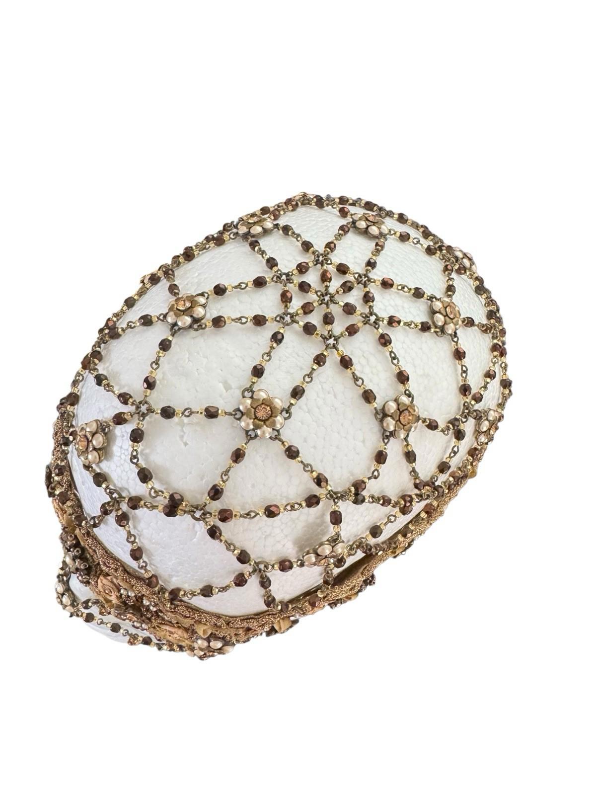 1920's Flapper Gold Headdress Beaded Rhinestone Floral Skull Cap Hat Gold Lame