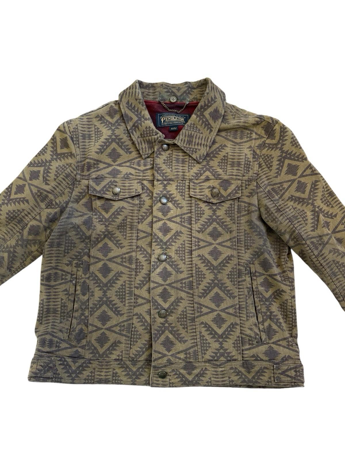 1980s Pendleton Brown Aztec Western Cotton Denim Jean Jacket Removable Collar M