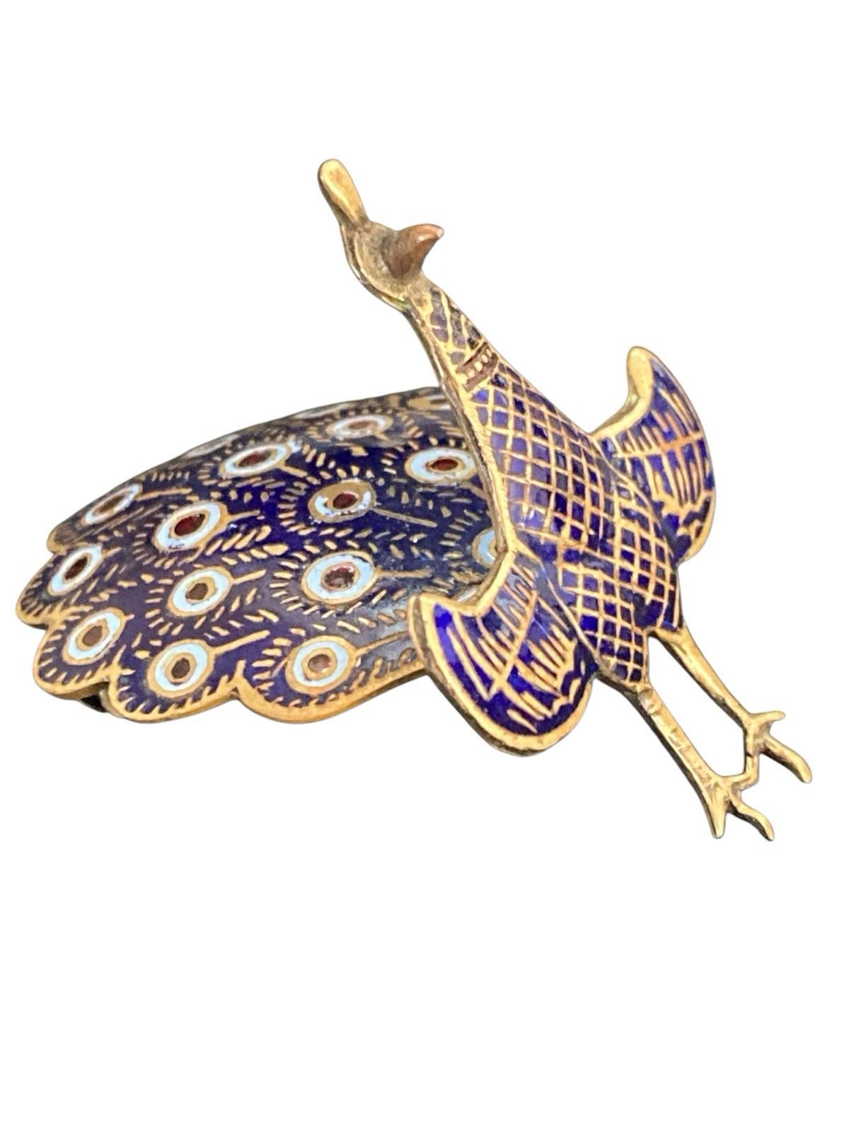 Vintage Royal Siam Blue Enameled Brass Articulating Peacock Brooch Pin 2.5 Inch
