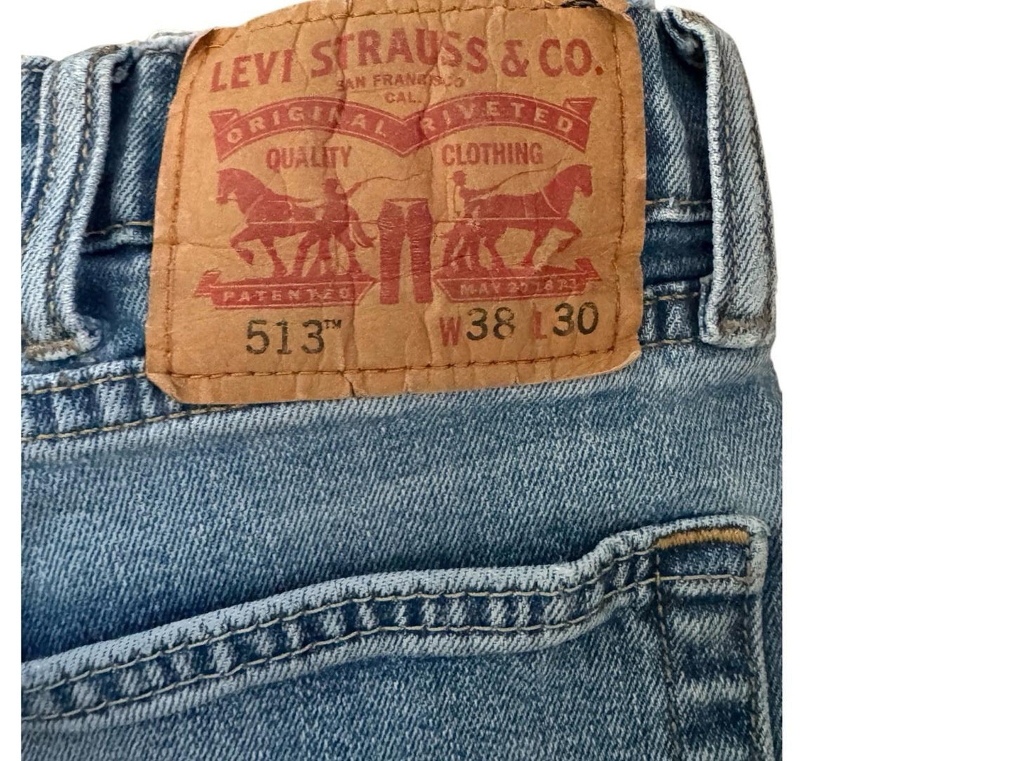 Levis 513 Blue Jeans Size 38 x 30 Denim Well Worn And Soft With Tear