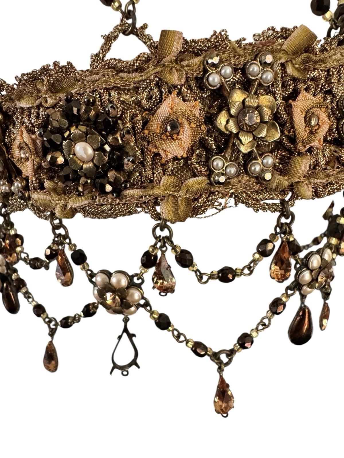 1920's Flapper Gold Headdress Beaded Rhinestone Floral Skull Cap Hat Gold Lame