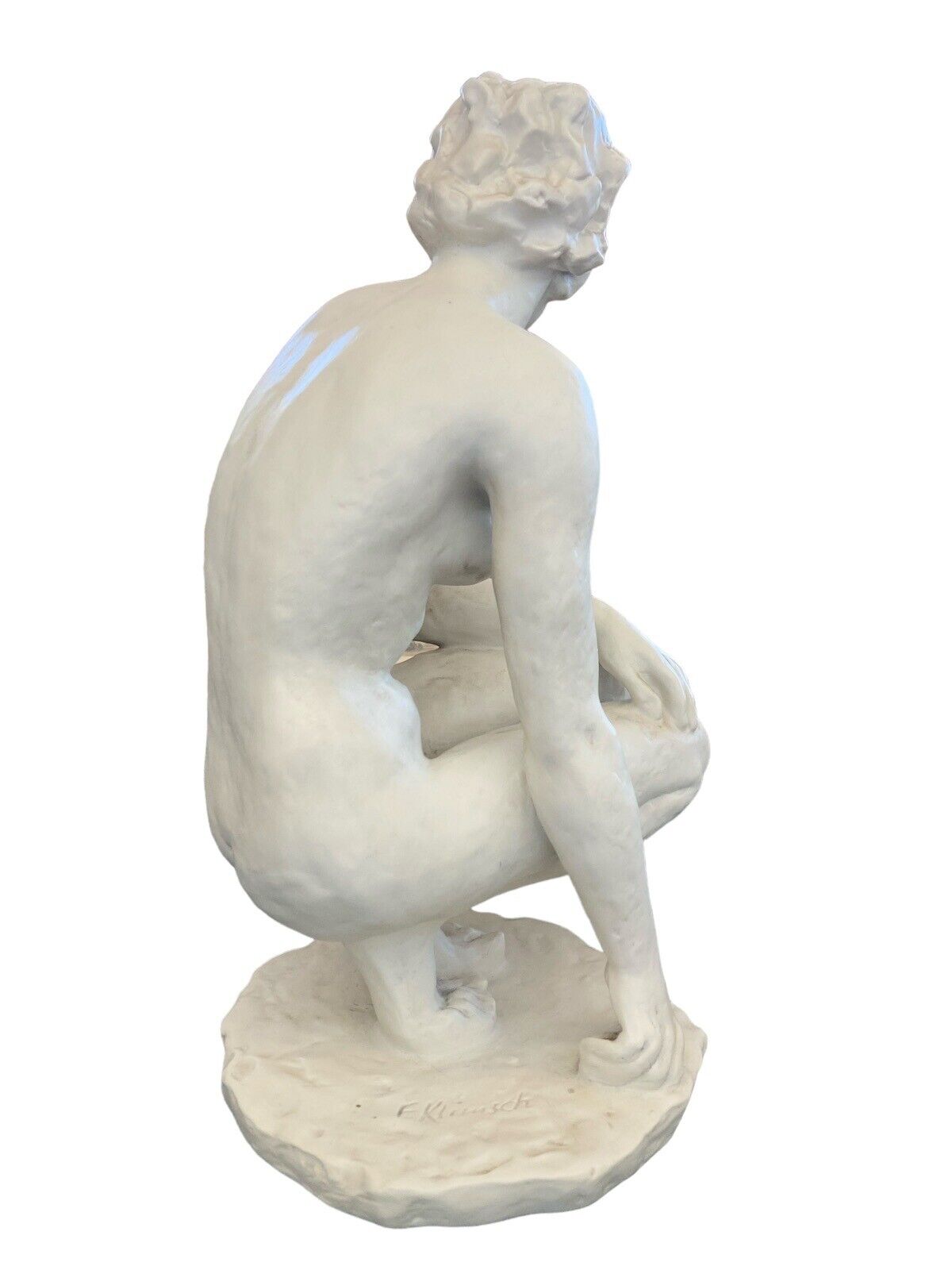 1936 Fritz Klimsch Sculpture Crouching Nude Woman White Porcelain Statue 16.5"