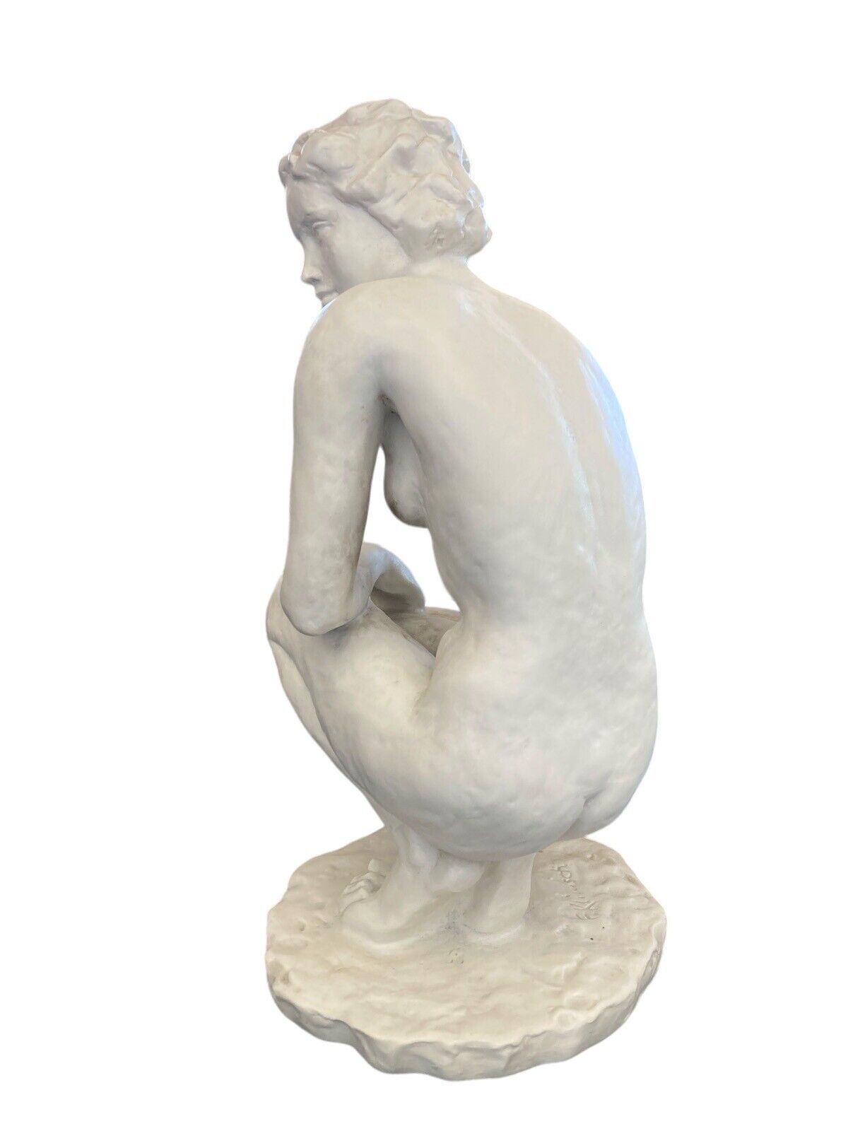 1936 Fritz Klimsch Sculpture Crouching Nude Woman White Porcelain Statue 16.5"