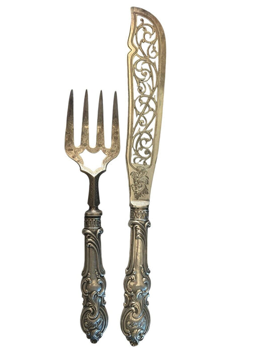 19th Century Aaron Hadfield & Sons Sterling Silver and EP Fish Serving Set