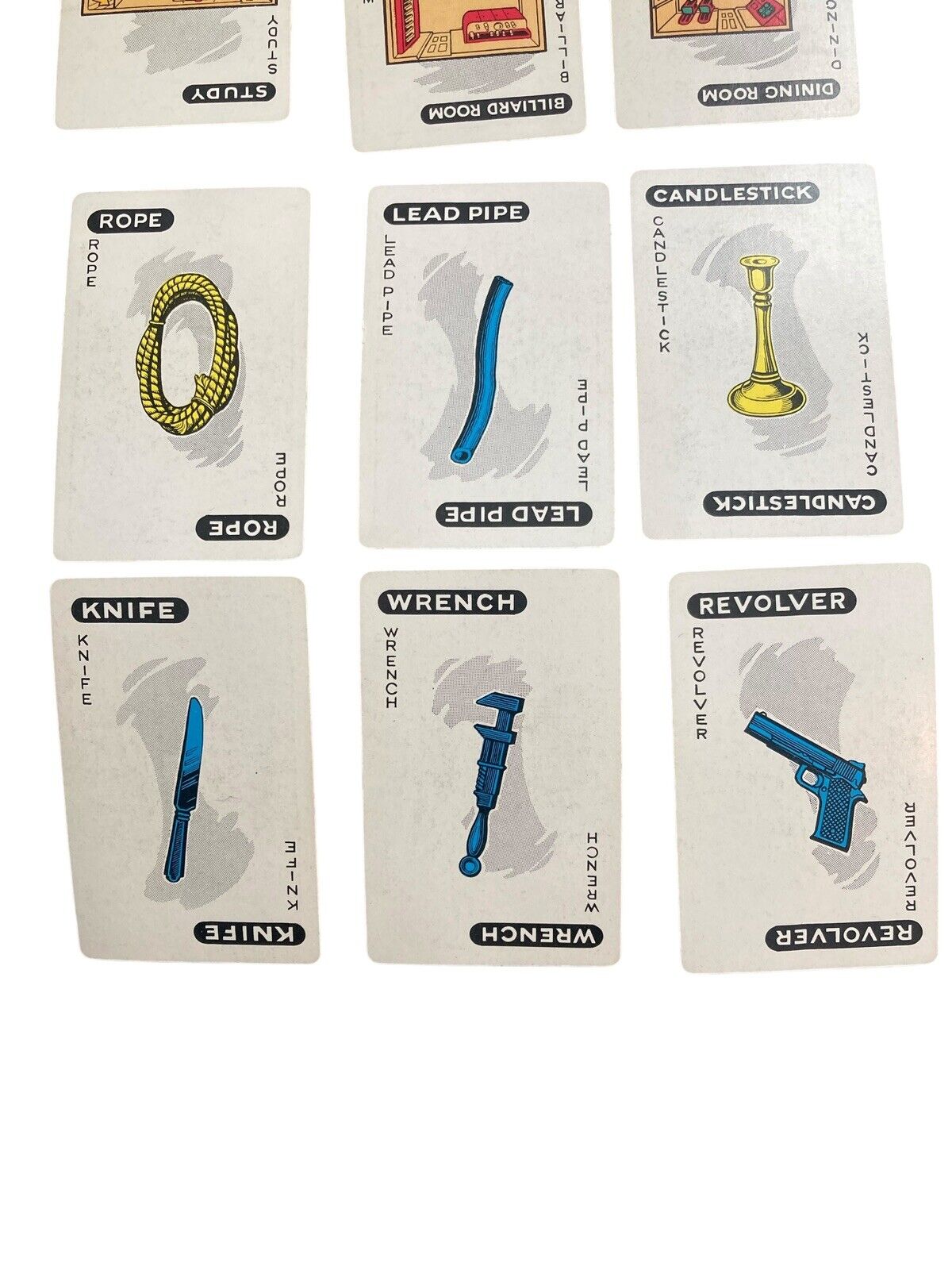 1963 Clue Board Game Pieces Cards Candlestick Wrench Pipe Revolver Rope Knife