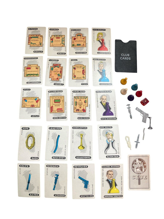 1963 Clue Board Game Pieces Cards Candlestick Wrench Pipe Revolver Rope Knife