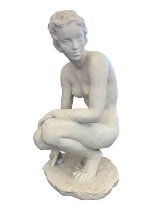 1936 Fritz Klimsch Sculpture Crouching Nude Woman White Porcelain Statue 16.5"