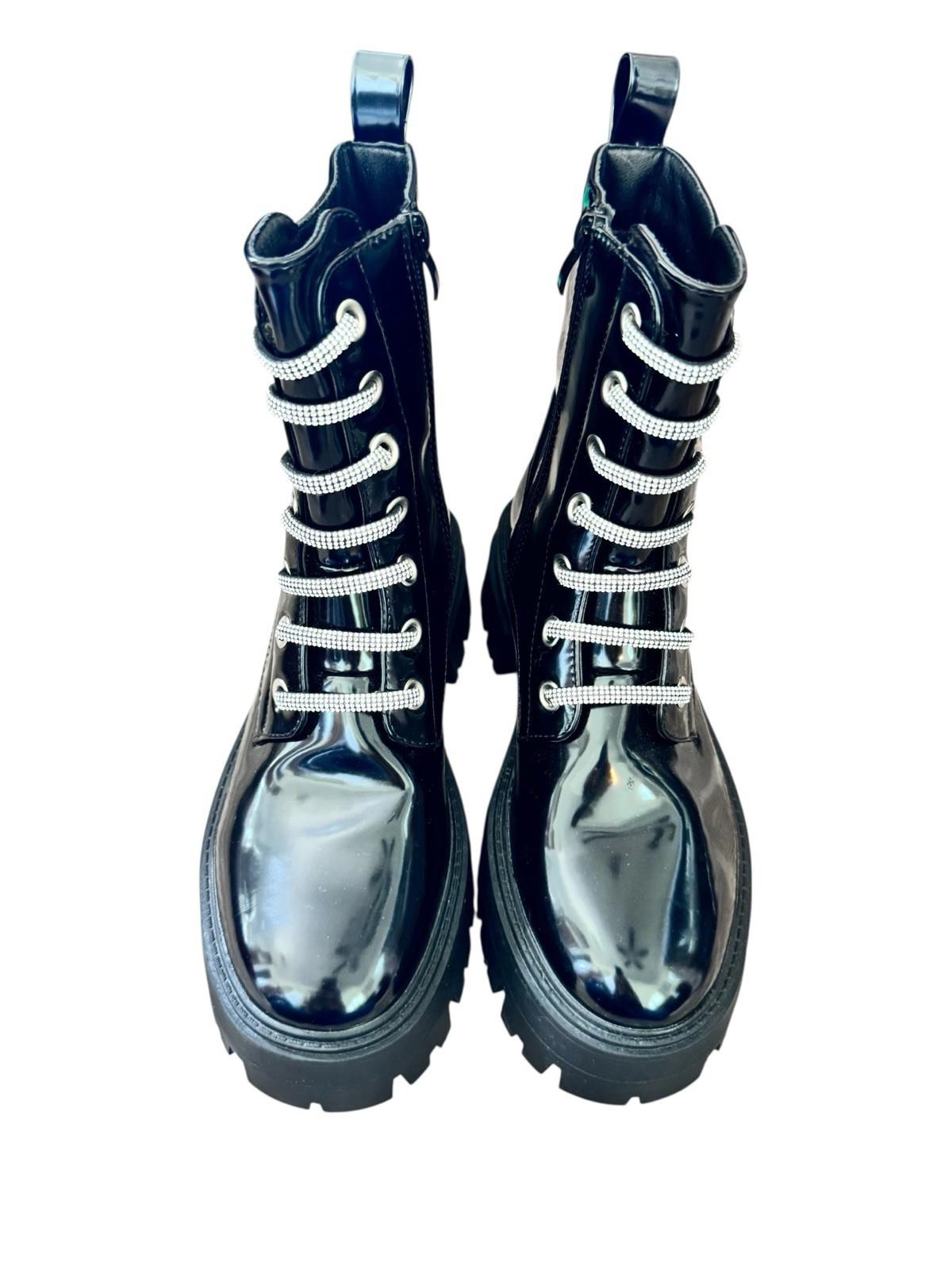 Forever 21 Black Patent Platform Combat Boots With Silver Glitter Laces Size 9