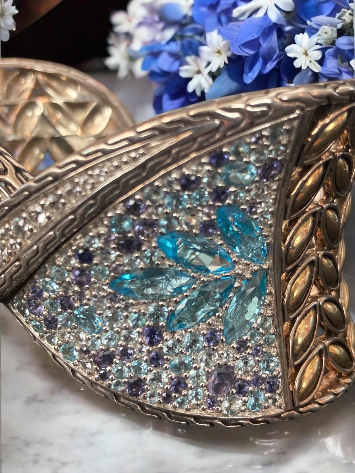 John Hardy 18K Sterling Cuff Bracelet Sapphire Topaz Iolite Aquamarine Batu