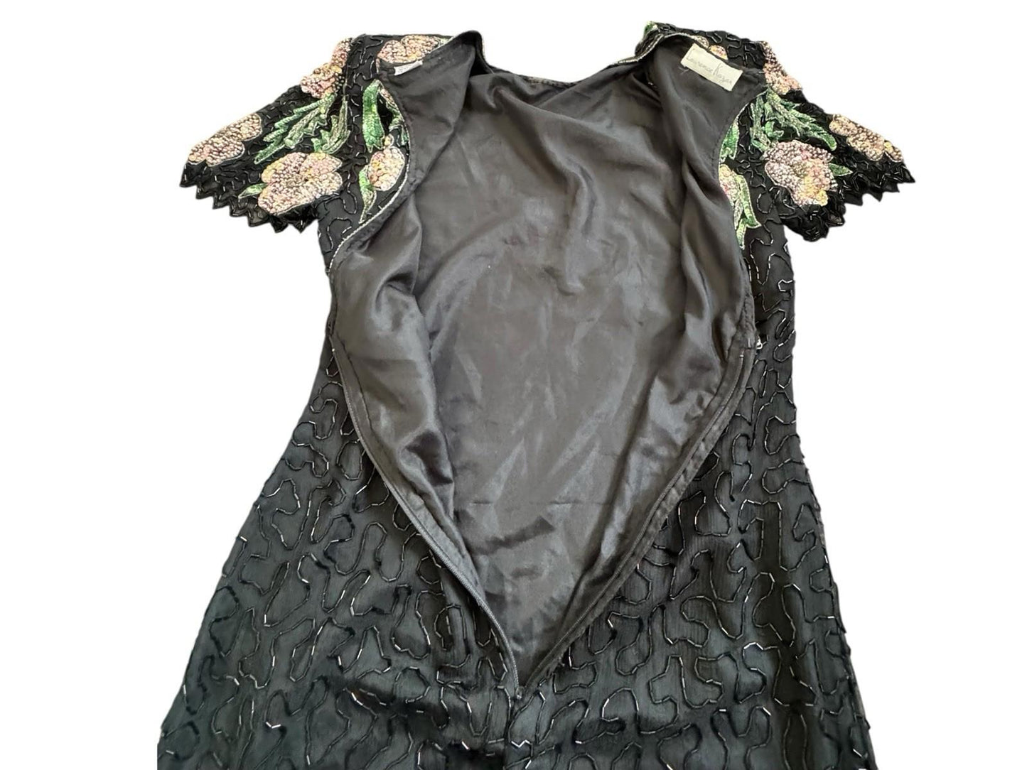Vintage Lawrence Kazar Pink Floral Beaded Sequin Black Silk Formal Drag Dress M