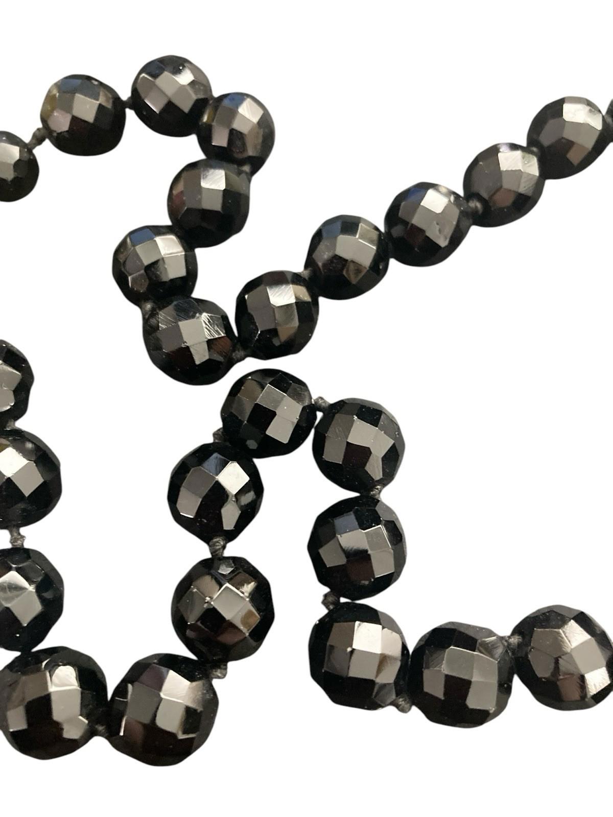 Victorian Sterling Silver Clasp Faceted Black Whitby Jet Mourning Glass Necklace