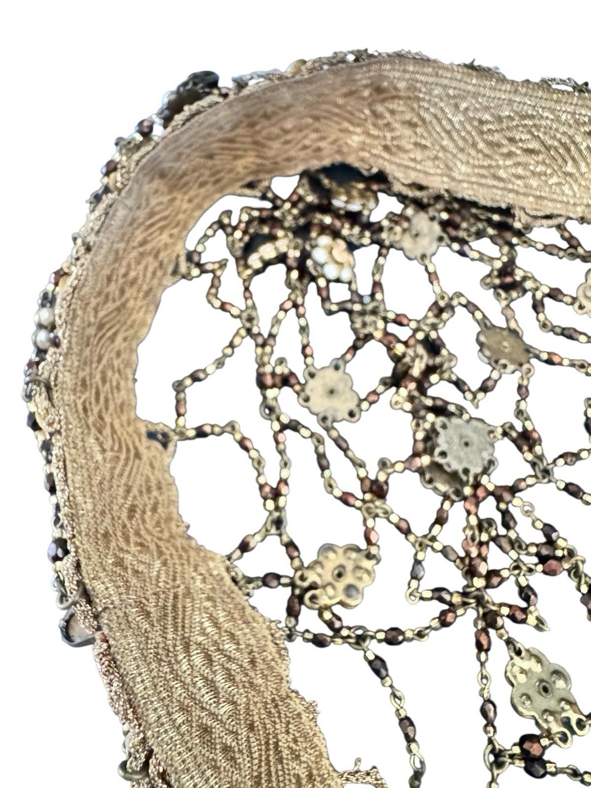 1920's Flapper Gold Headdress Beaded Rhinestone Floral Skull Cap Hat Gold Lame