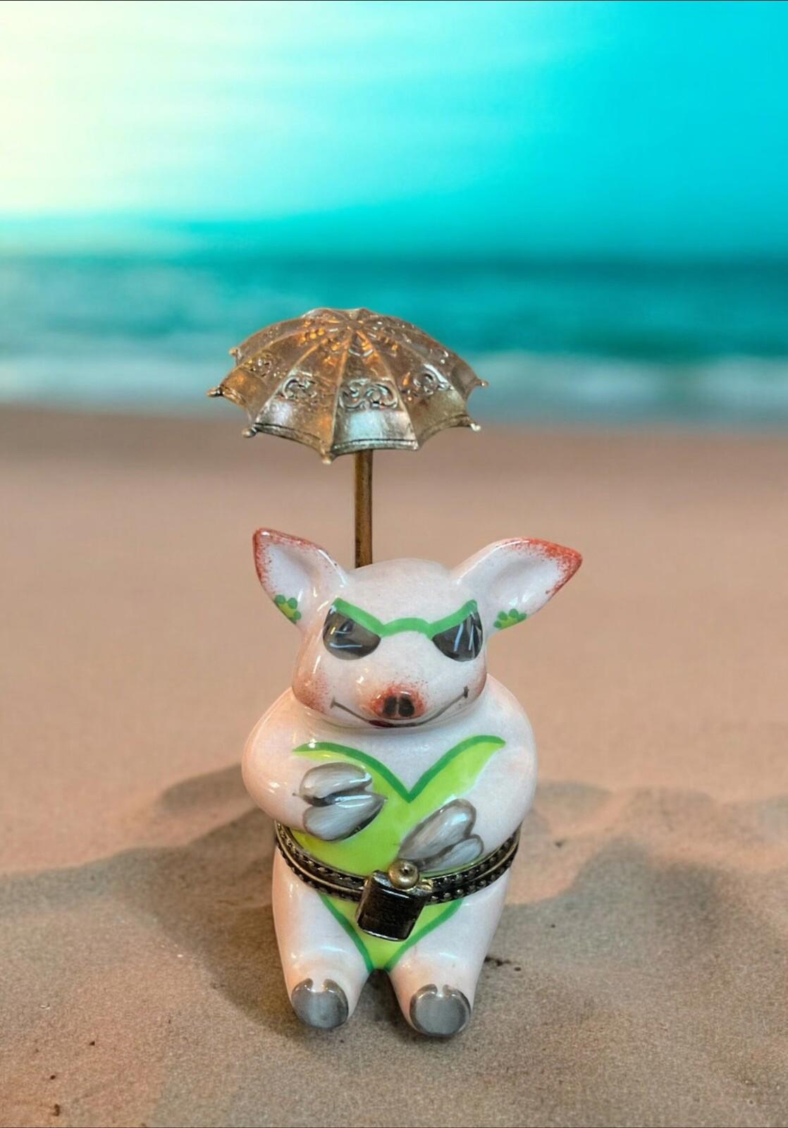 Limoges France Peint Mein Signed Piggy Pig On Beach Under Umbrella Trinket Box