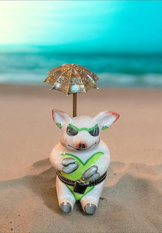 Limoges France Peint Mein Signed Piggy Pig On Beach Under Umbrella Trinket Box