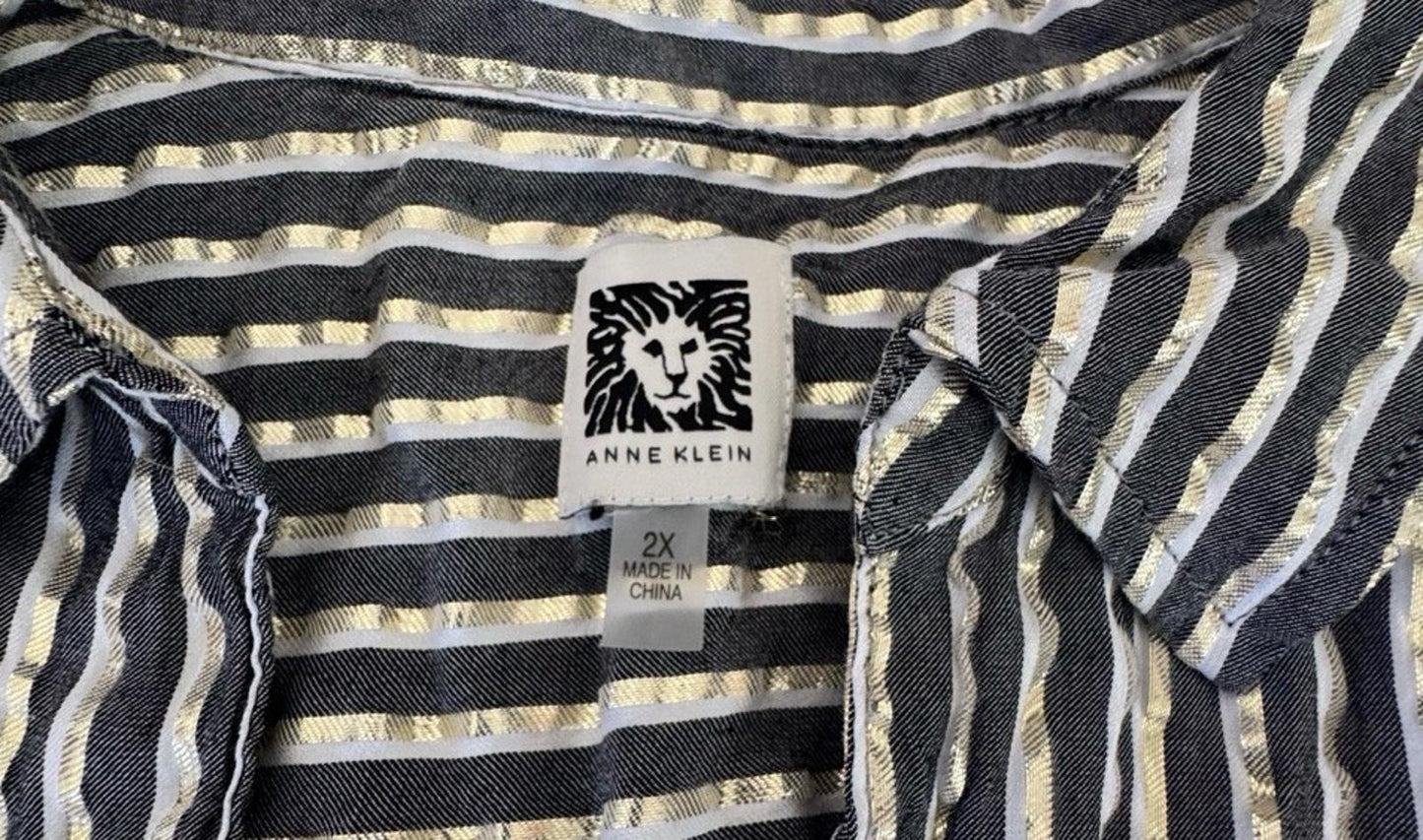 Anne Klein Blouse Black Gold Metallic Striped Zip Front Shirt 2XL
