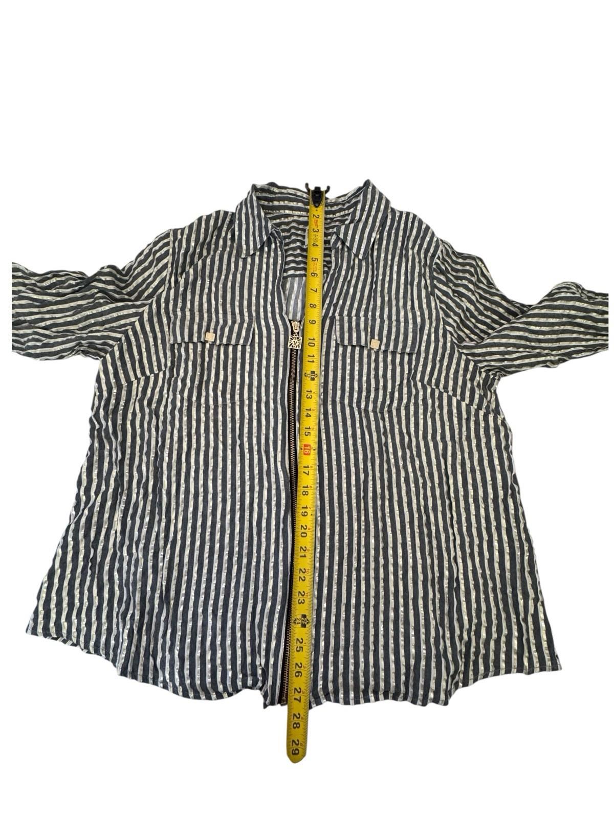 Anne Klein Blouse Black Gold Metallic Striped Zip Front Shirt 2XL