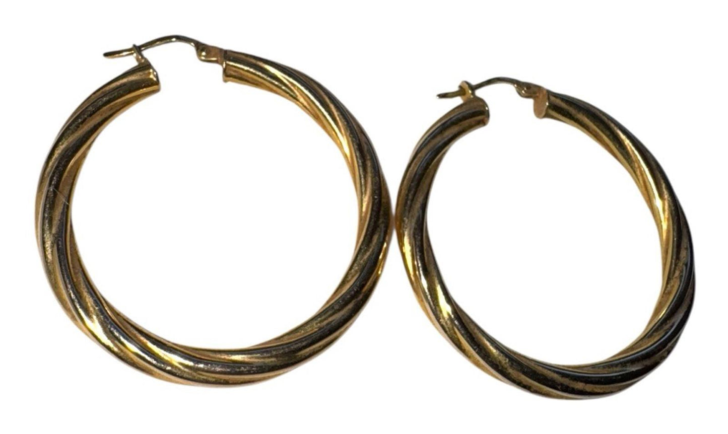 14k Gold Ornate Twist Patterned Hoop Earrings Italy 4.66g
