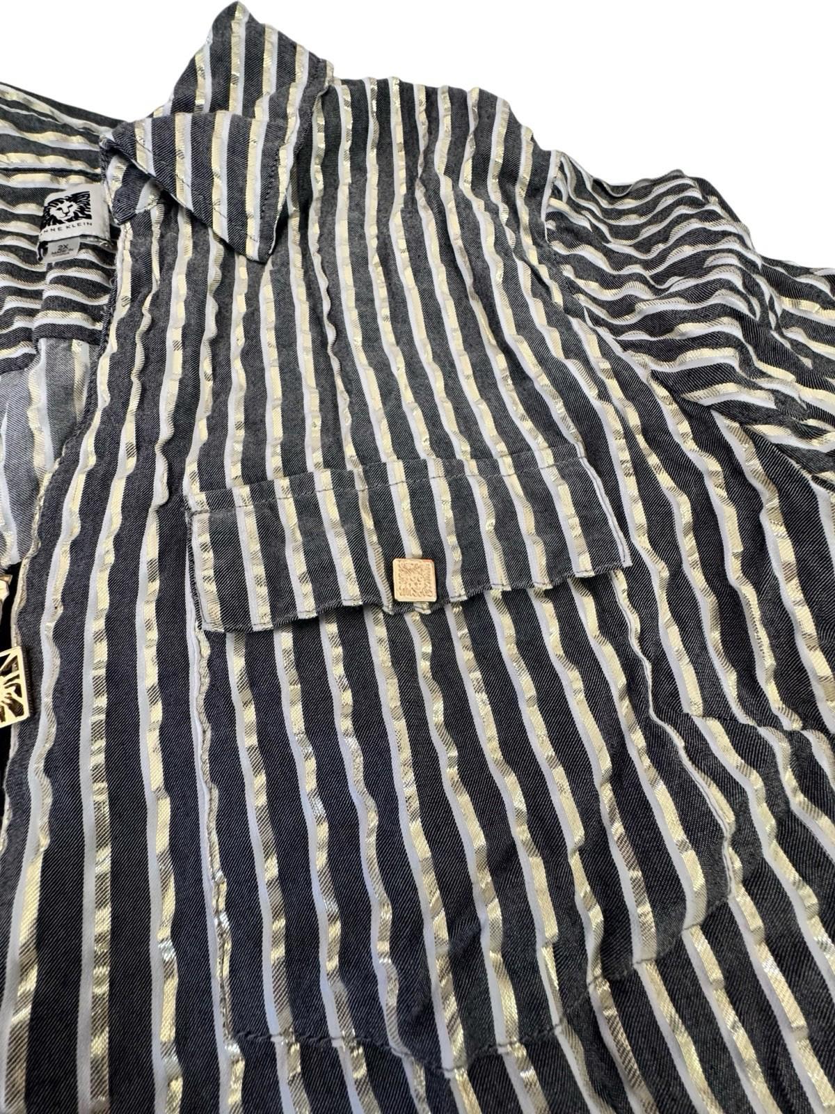 Anne Klein Blouse Black Gold Metallic Striped Zip Front Shirt 2XL