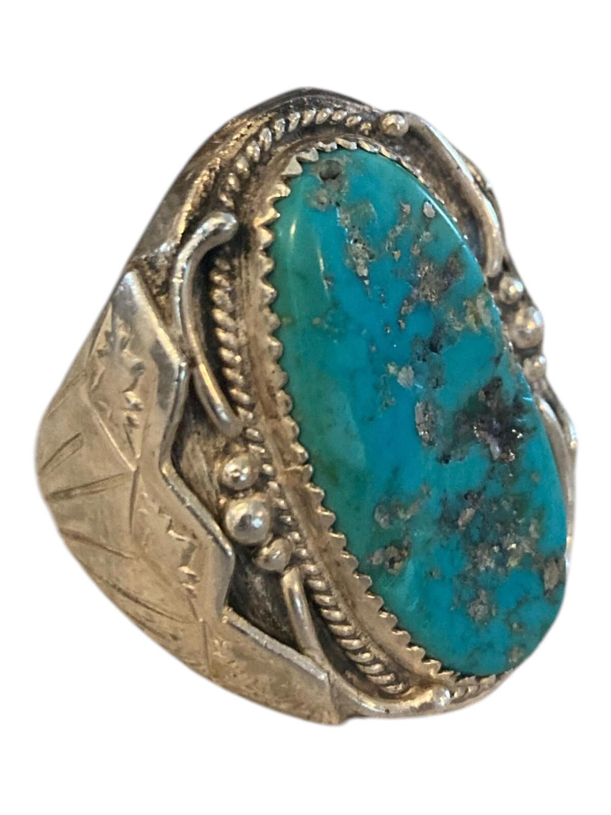 Native American Navajo Richard Begay Sterling Silver Turquoise Ring 10.25