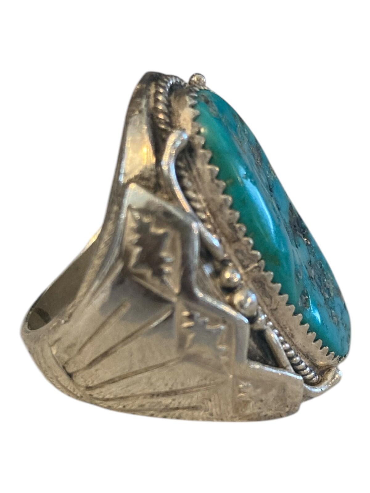 Native American Navajo Richard Begay Sterling Silver Turquoise Ring 10.25