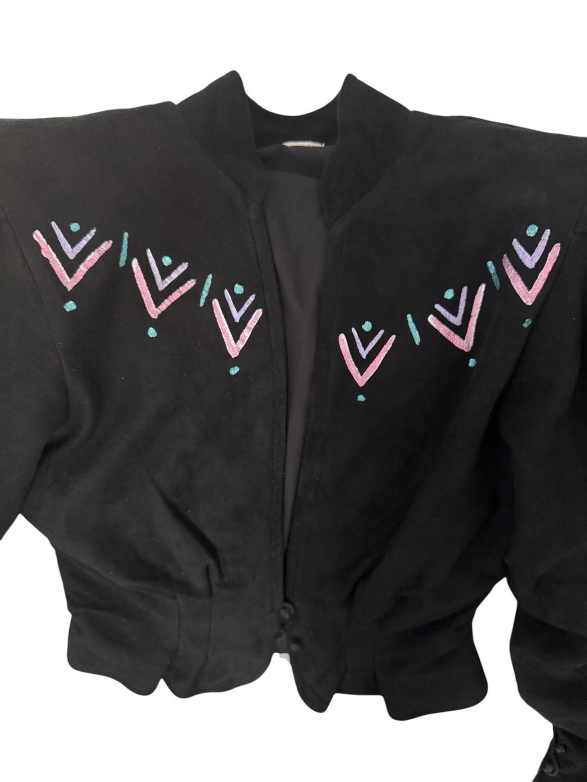 Vintage SHEBUE Victorian Cut Black Suede Hand Painted Jacket Blazer