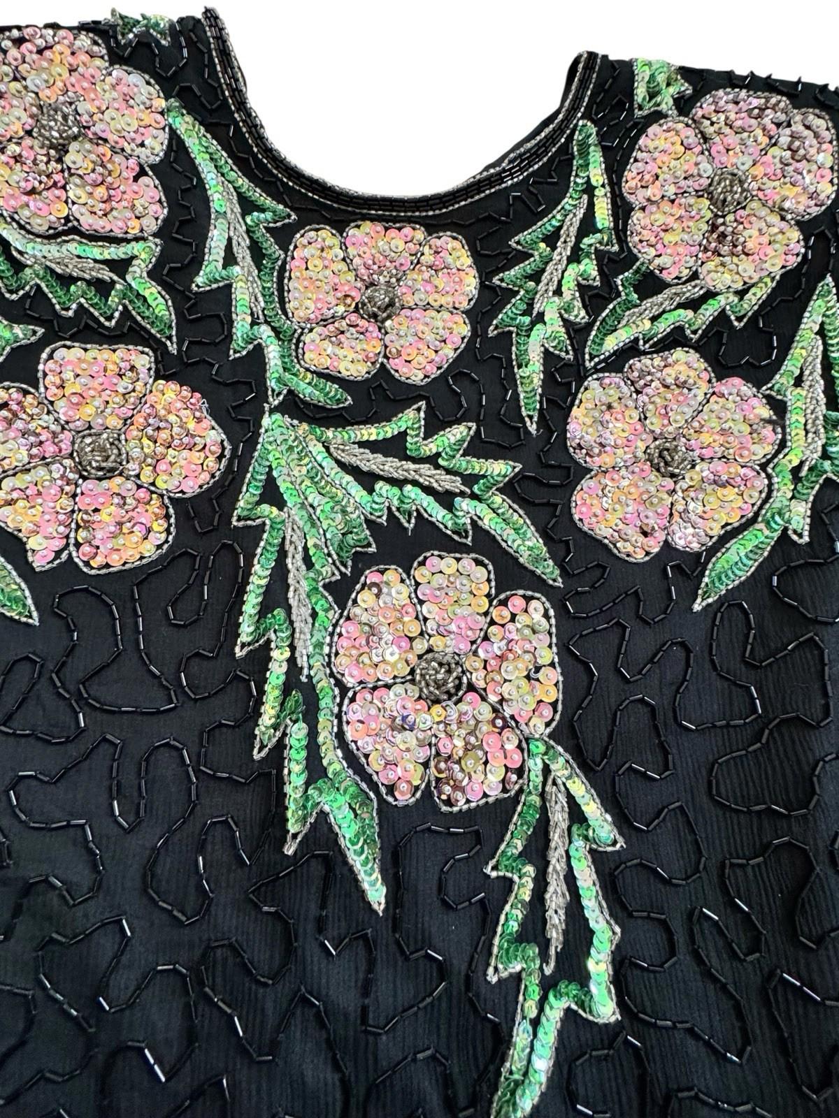 Vintage Lawrence Kazar Pink Floral Beaded Sequin Black Silk Formal Drag Dress M