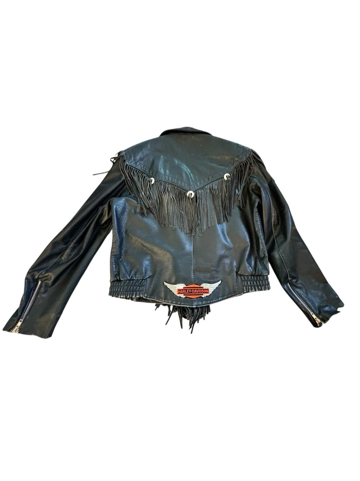 Womens Vintage Harley Davidson Black Leather Fringe Motorcycle Biker Jacket 14