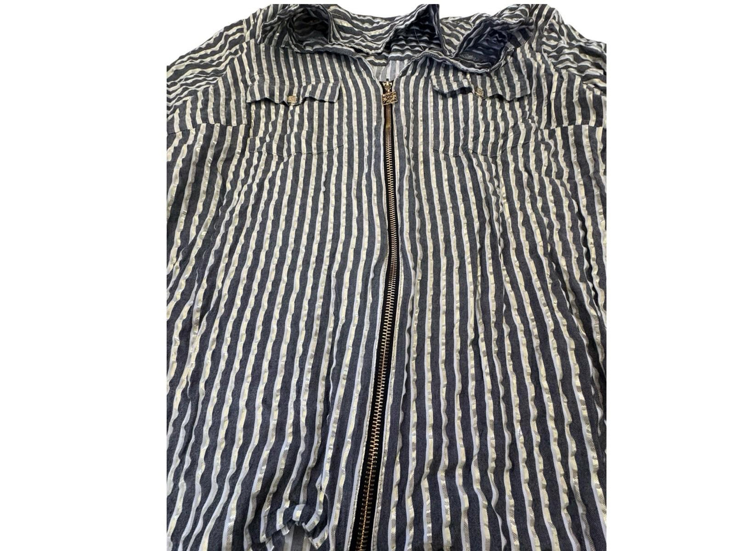 Anne Klein Blouse Black Gold Metallic Striped Zip Front Shirt 2XL