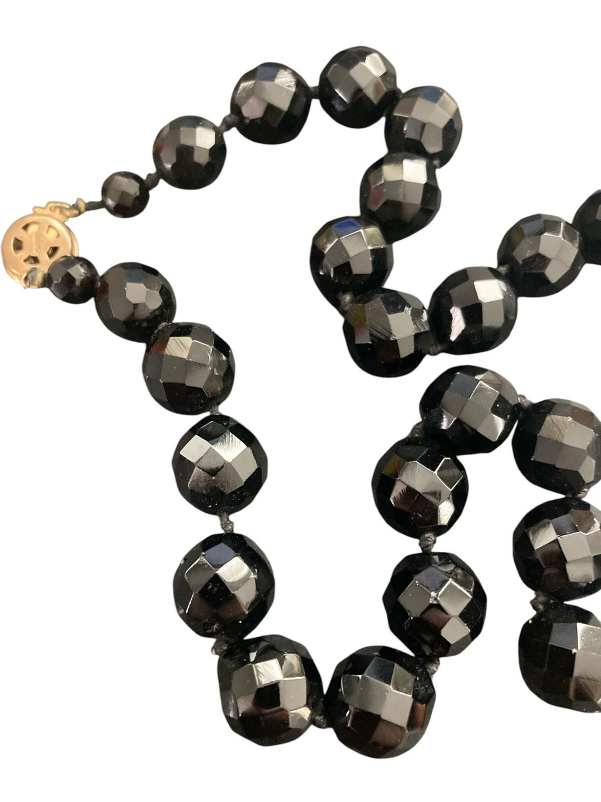 Victorian Sterling Silver Clasp Faceted Black Whitby Jet Mourning Glass Necklace