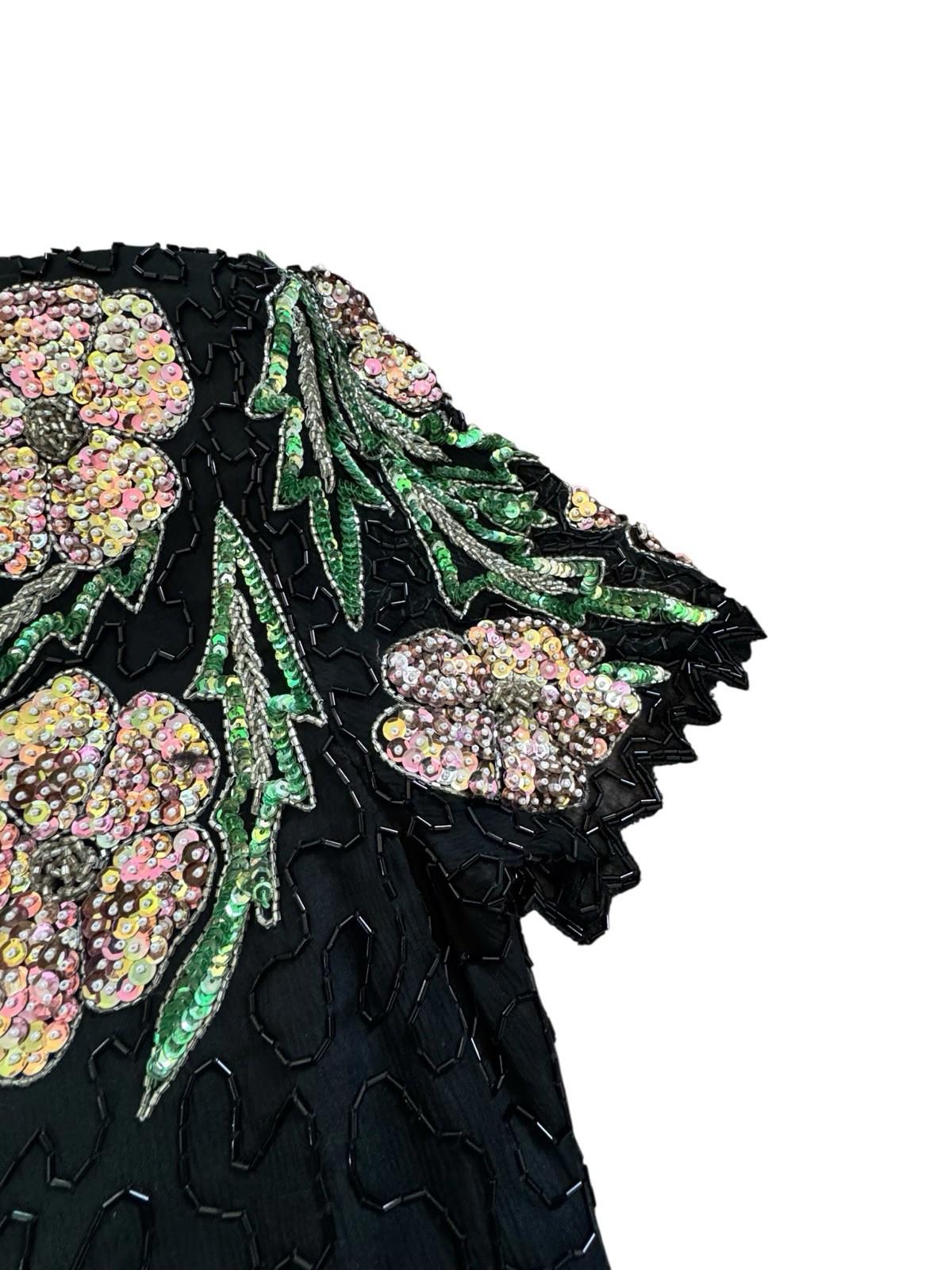 Vintage Lawrence Kazar Pink Floral Beaded Sequin Black Silk Formal Drag Dress M