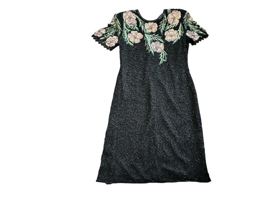 Vintage Lawrence Kazar Pink Floral Beaded Sequin Black Silk Formal Drag Dress M