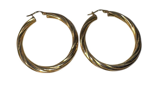 14k Gold Ornate Twist Patterned Hoop Earrings Italy 4.66g