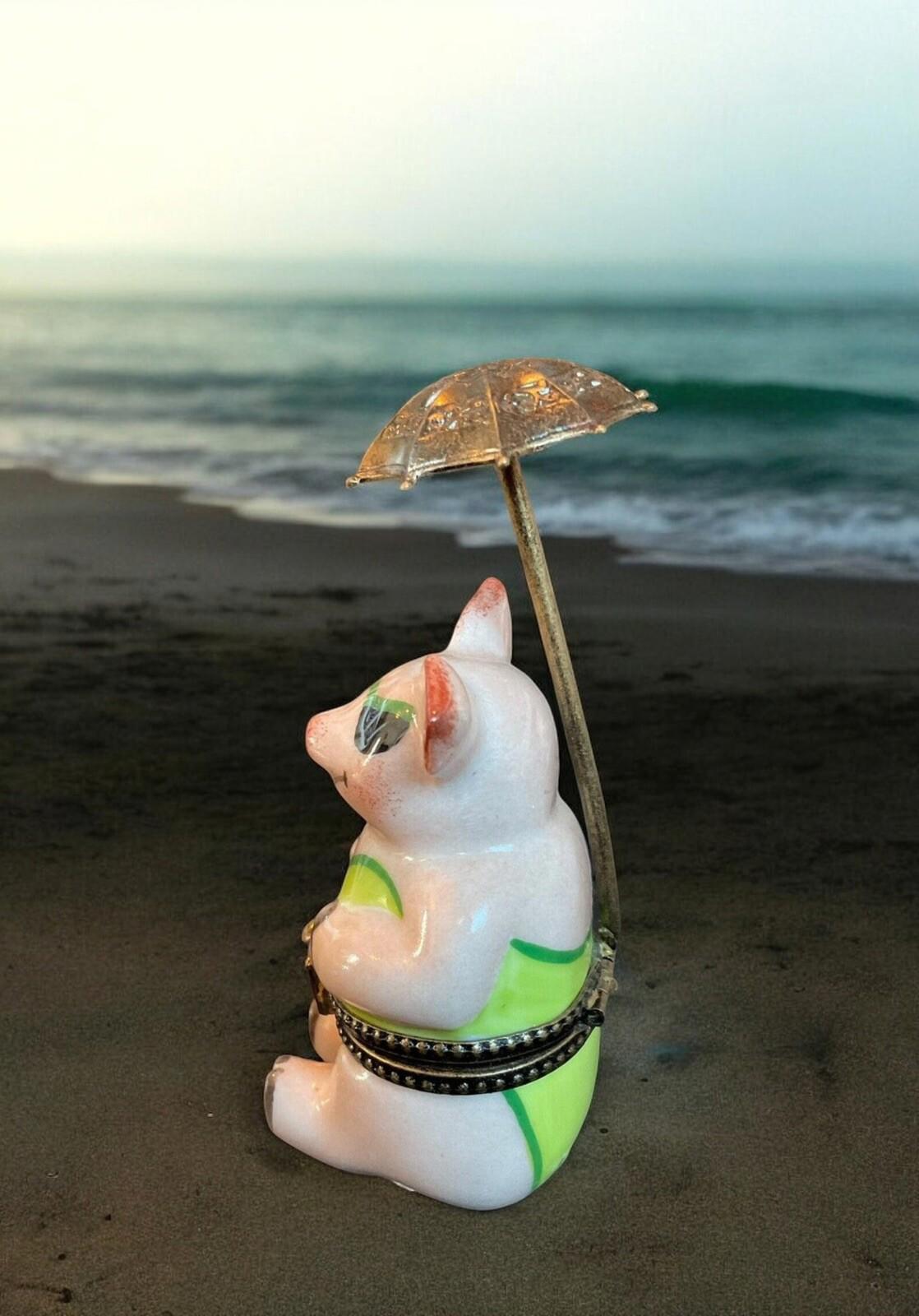 Limoges France Peint Mein Signed Piggy Pig On Beach Under Umbrella Trinket Box