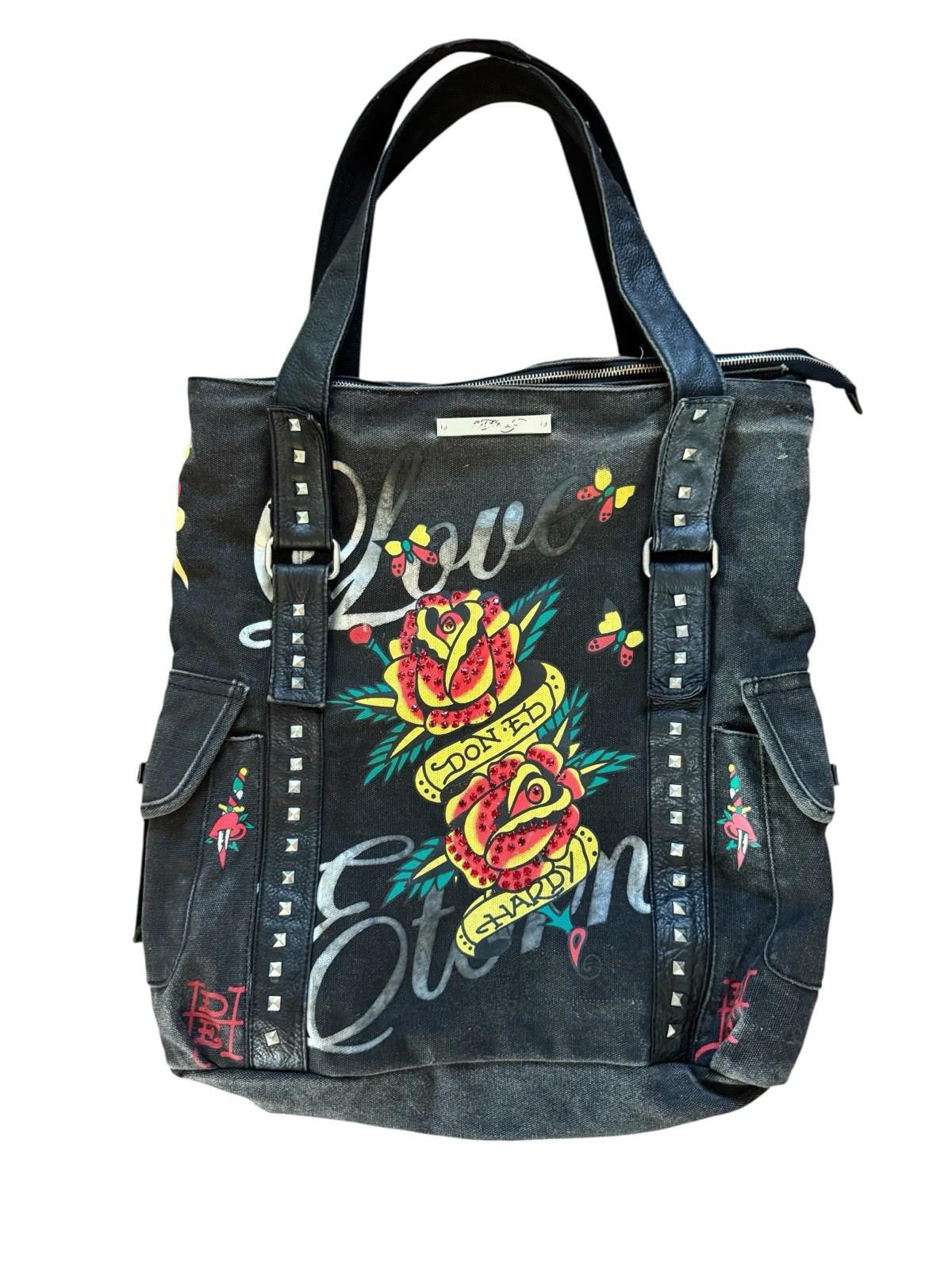 Ed Hardy Large Vintage Faux Leather Tote Bag Purse Love Eternal Tattoo Art Studs